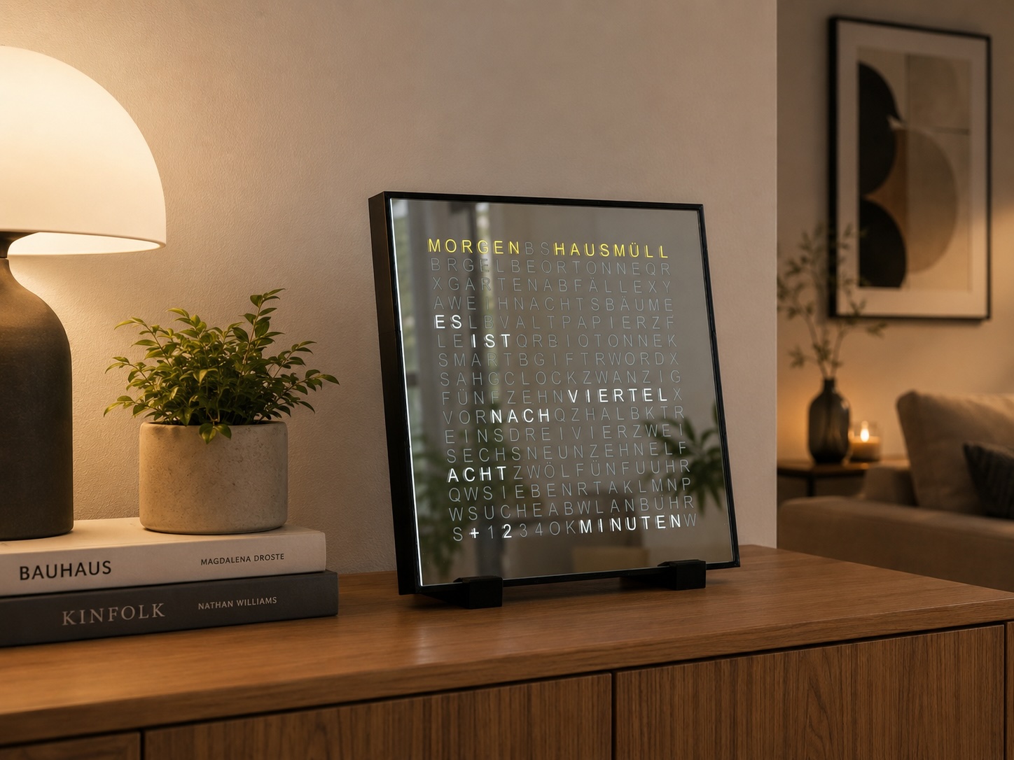 Smart-Gift WordClock Deutsche Edition mit integriertem Abfallkalender im Wohnraum