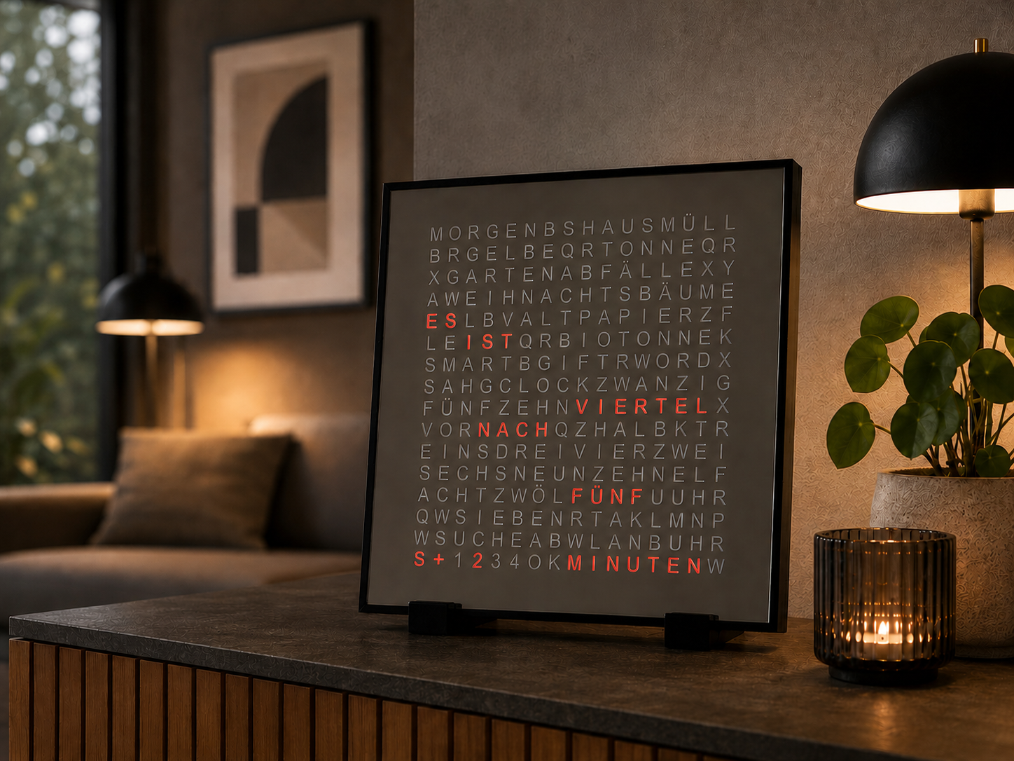 SmartGift WordClock in einer warmen, modernen Wohnzimmerumgebung